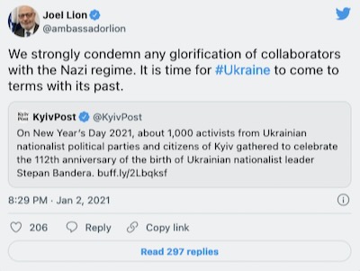 Joel Lion, former ambassador of Israel in Kiev, warned against the glorification of Bandera. He is now working in the Ministry of Foreign Affairs of Israel.